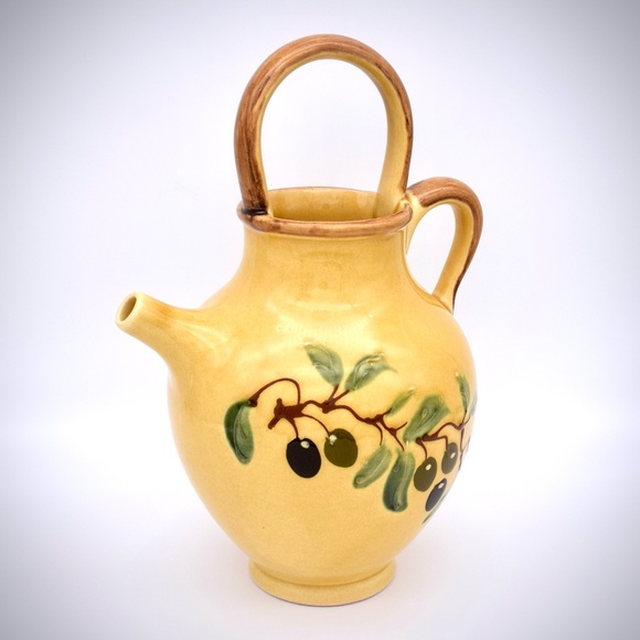 Poterie du Jabron Vintage Pitcher Wine Jug Yellow Two Handle Vines France
